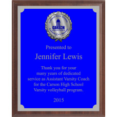 Economy Engraved Wall Plaque with blue aluminum plate, coordinating border and raised medallion holder Economy Engraved Wall Plaque with blue aluminum plate, coordinating border and raised medallion holder