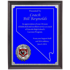 Economy Engraved Wall Plaque with Nevada engraved plate and raised medallion holder Economy Engraved Wall Plaque with Nevada engraved plate and raised medallion holder